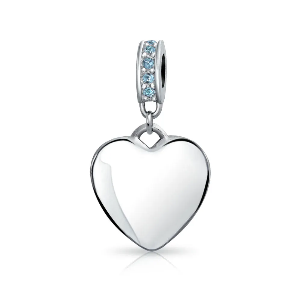 Crystal Accent Dangle Heart Shape Charm Bead .925 Sterling Silver