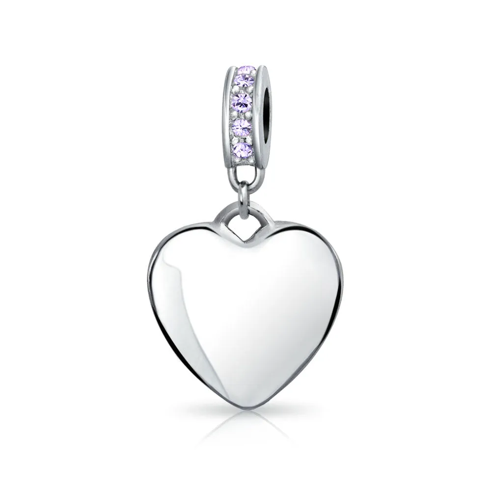 Crystal Accent Dangle Heart Shape Charm Bead .925 Sterling Silver