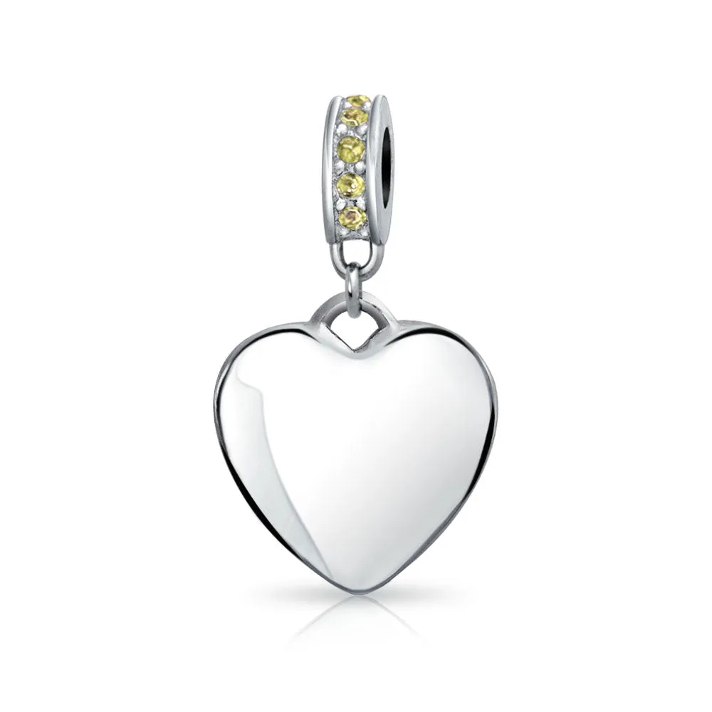 Crystal Accent Dangle Heart Shape Charm Bead .925 Sterling Silver