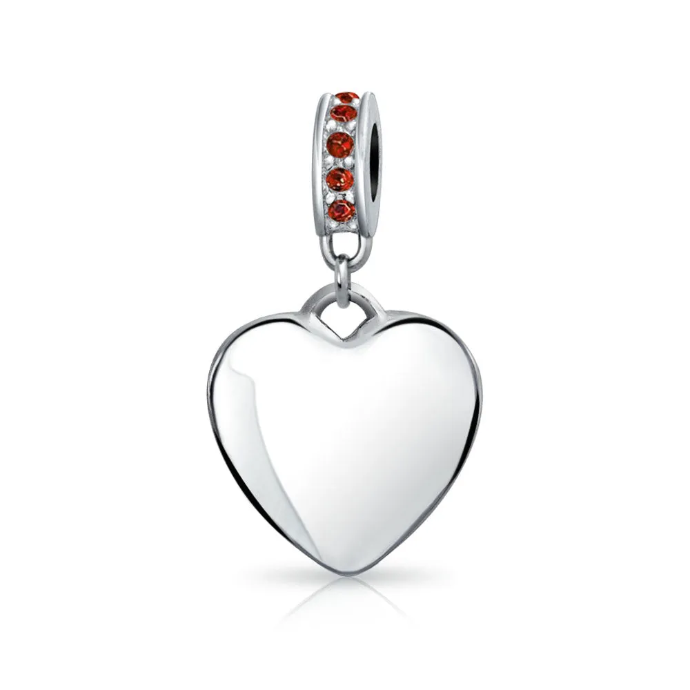 Crystal Accent Dangle Heart Shape Charm Bead .925 Sterling Silver