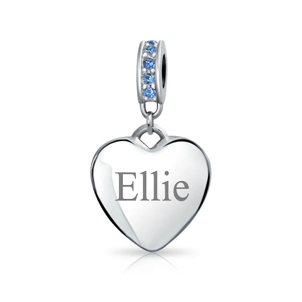 Crystal Accent Dangle Heart Shape Charm Bead .925 Sterling Silver