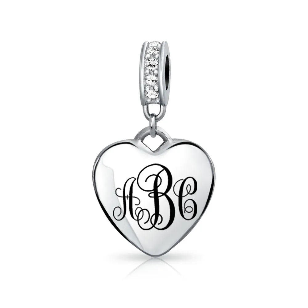 Crystal Accent Dangle Heart Shape Charm Bead .925 Sterling Silver