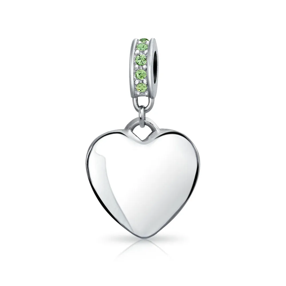 Crystal Accent Dangle Heart Shape Charm Bead .925 Sterling Silver