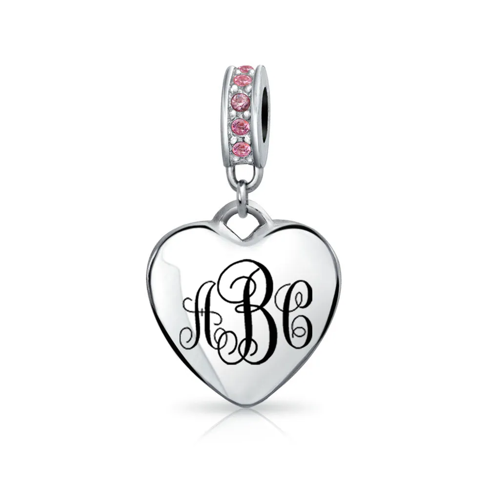 Crystal Accent Dangle Heart Shape Charm Bead .925 Sterling Silver