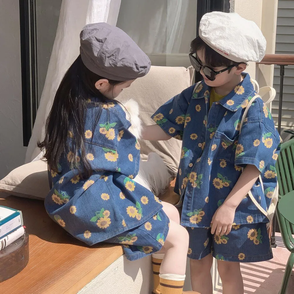 Denim Floral Bear Print Kids Unisex Shirt and Shorts Set