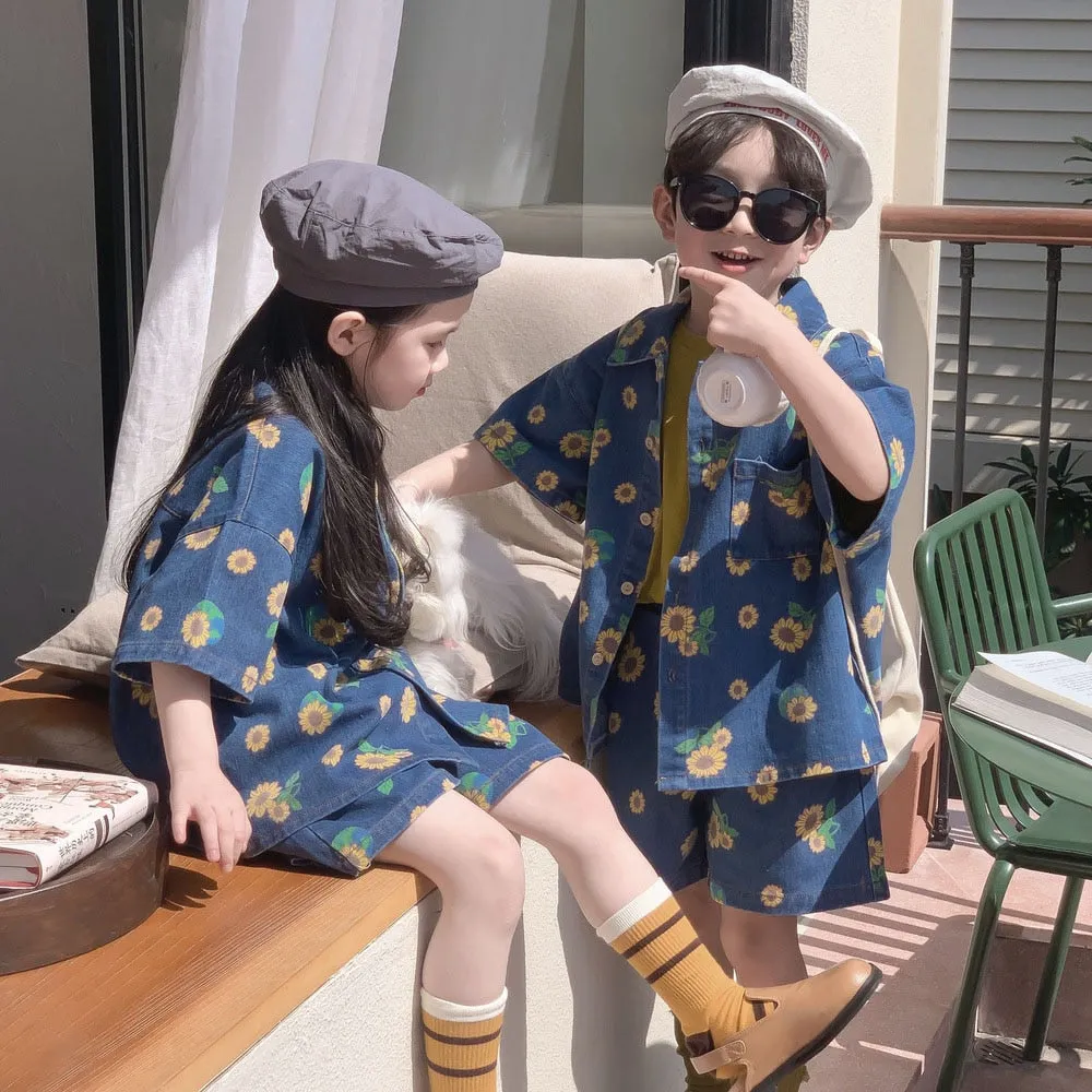 Denim Floral Bear Print Kids Unisex Shirt and Shorts Set
