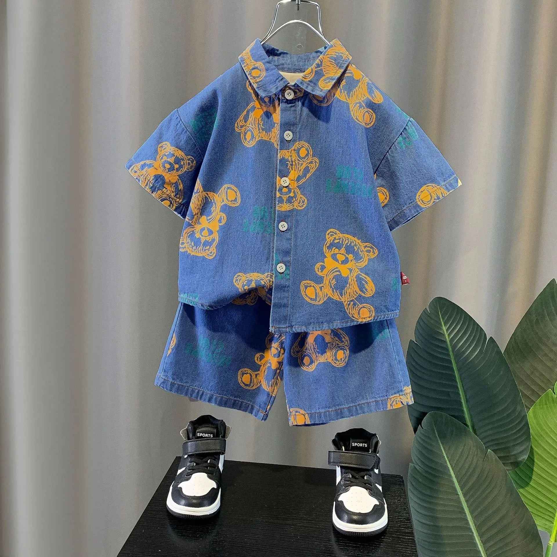 Denim Floral Bear Print Kids Unisex Shirt and Shorts Set