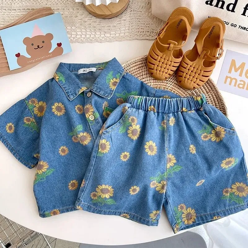 Denim Floral Bear Print Kids Unisex Shirt and Shorts Set
