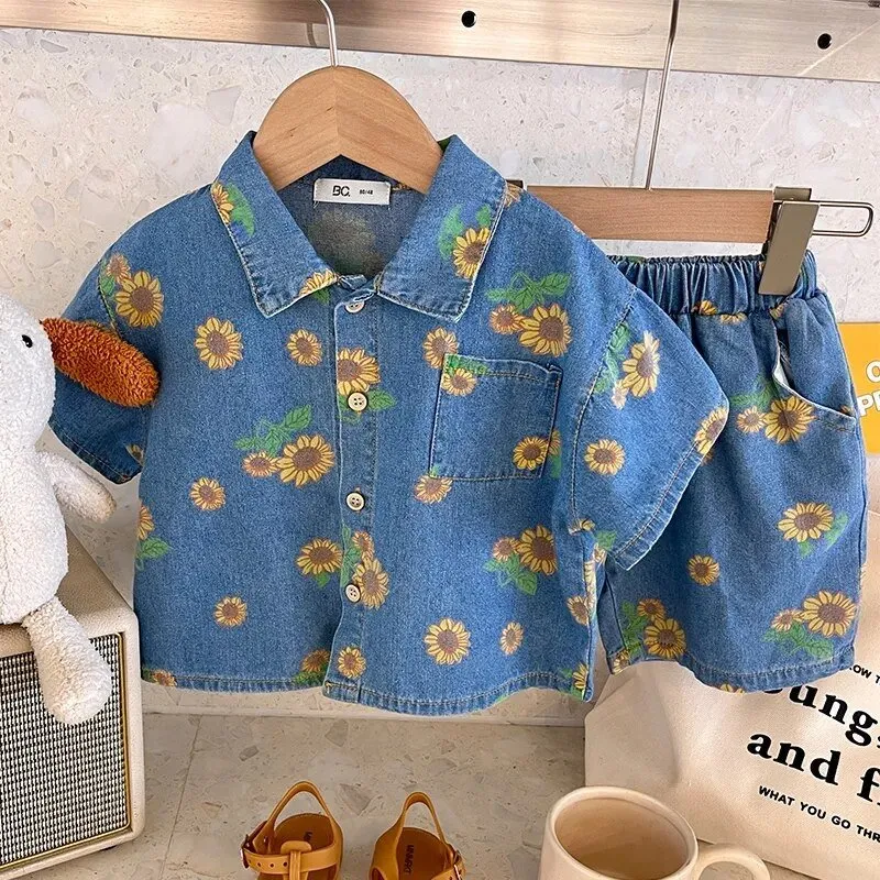 Denim Floral Bear Print Kids Unisex Shirt and Shorts Set
