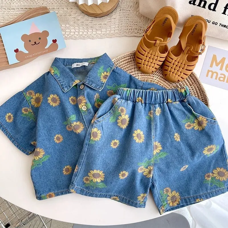 Denim Floral Bear Print Kids Unisex Shirt and Shorts Set