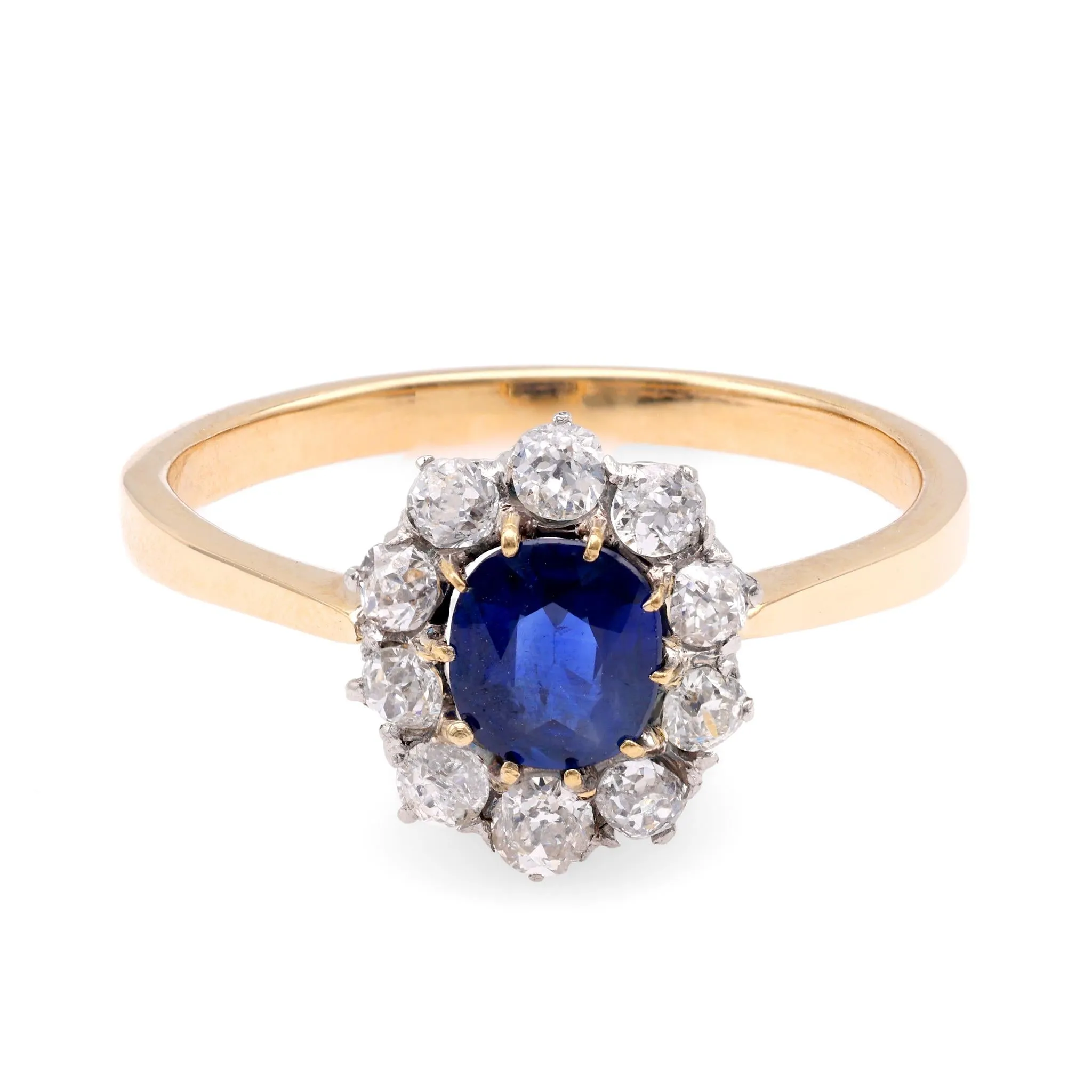 Edwardian Sapphire Diamond 18K Yellow Gold and Platinum Cluster Ring