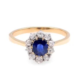 Edwardian Sapphire Diamond 18K Yellow Gold and Platinum Cluster Ring