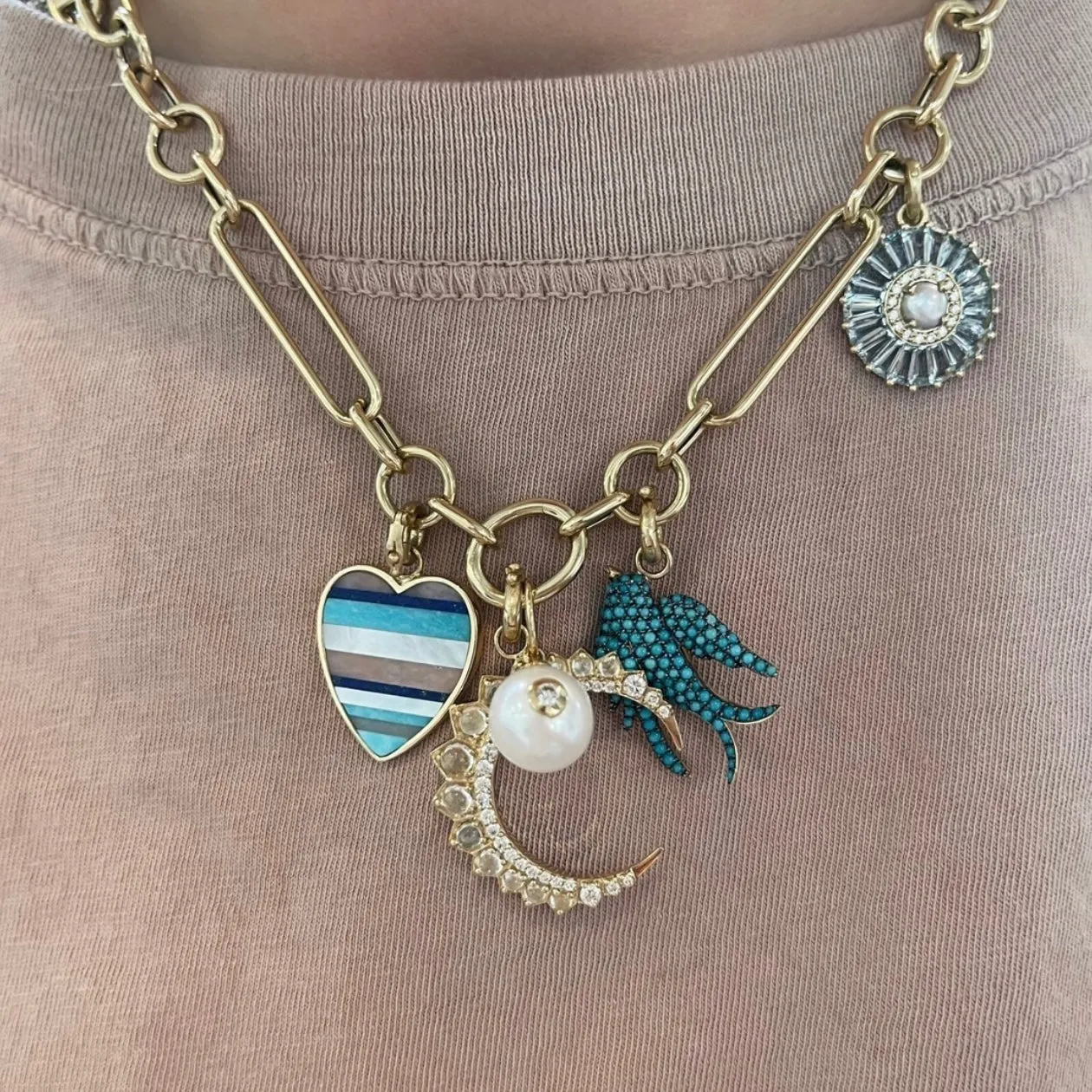 Eloise Gemstone Inlay Striped Heart Pendant Charm