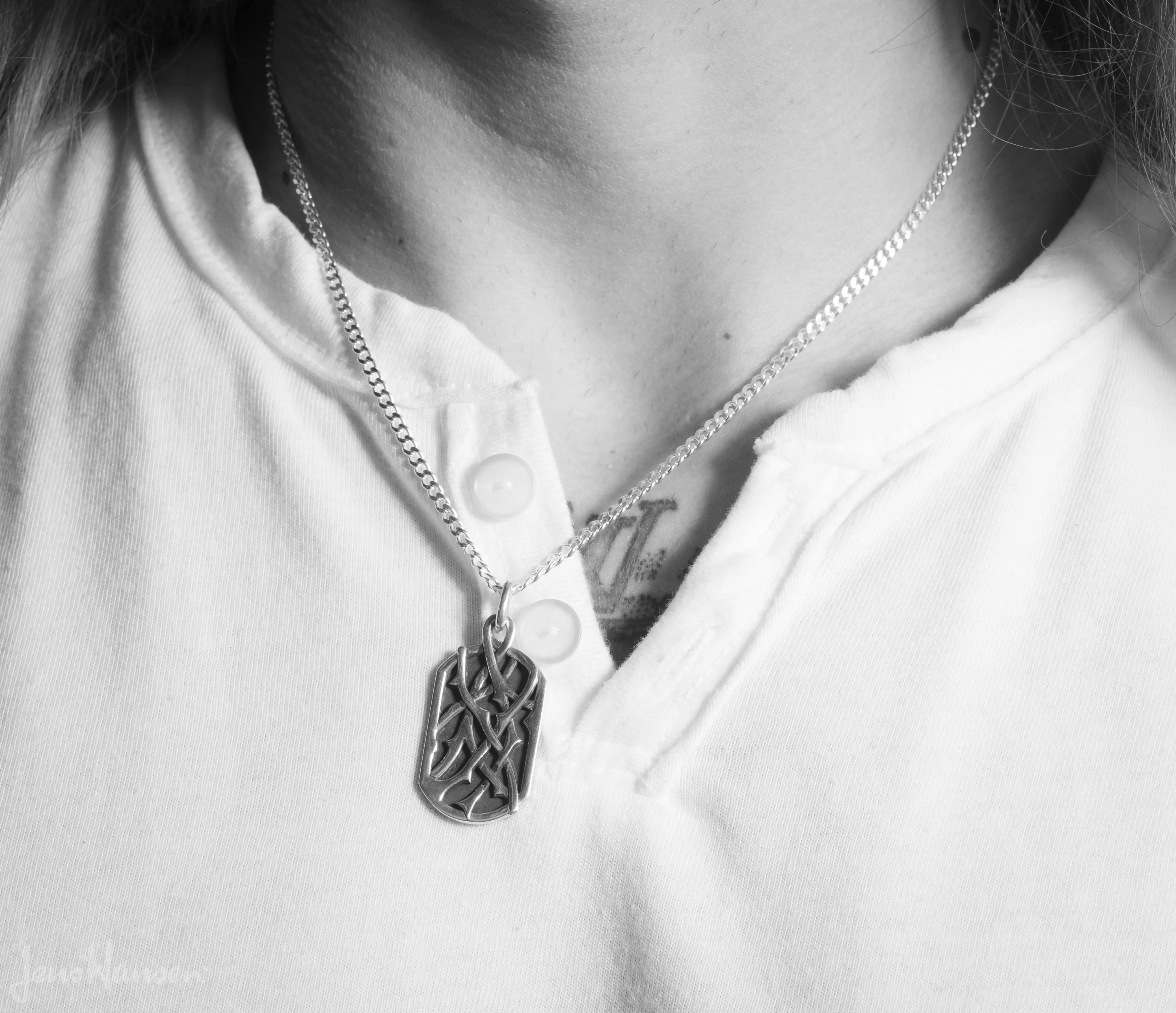 Elvish Woodland Dog Tag Pendant with Ball Link, Sterling Silver