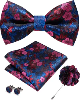 Floral Pre-tied Bow Tie and Pocket Square Cufflinks Lapel Pin Sets for Men 4PCS