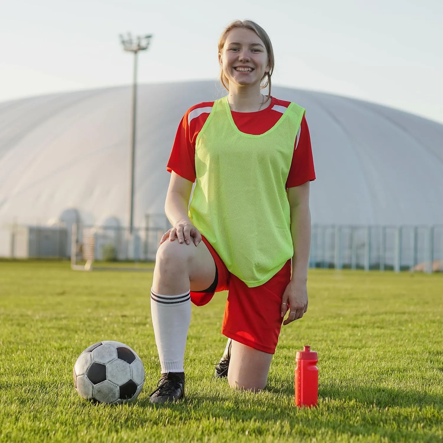 Get Out! Scrimmage Vest Pinnies 12pk in Red and Blue  Youth, Teens and Adult Sizes  Nylon Mesh Jerseys for Any Sport