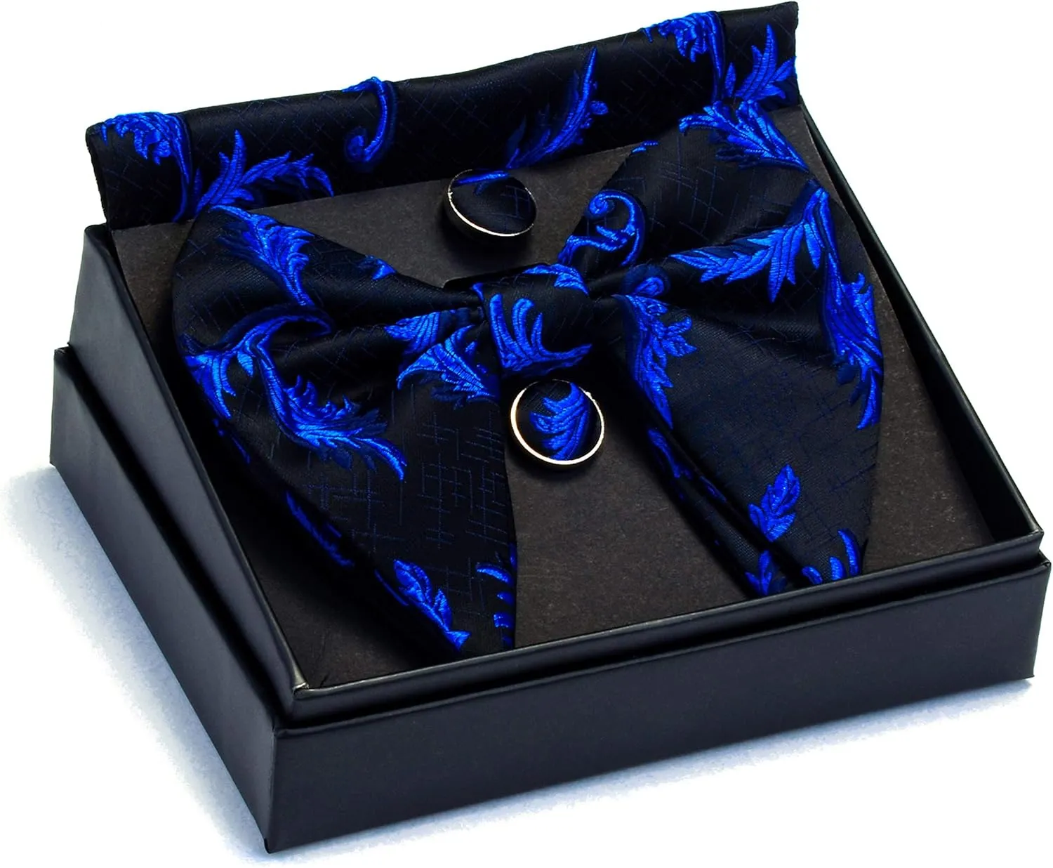 GUSLESON Fashion Floral Adjustable Pre-tied Big Bow Tie and Pocket Square Cufflink Set with Box