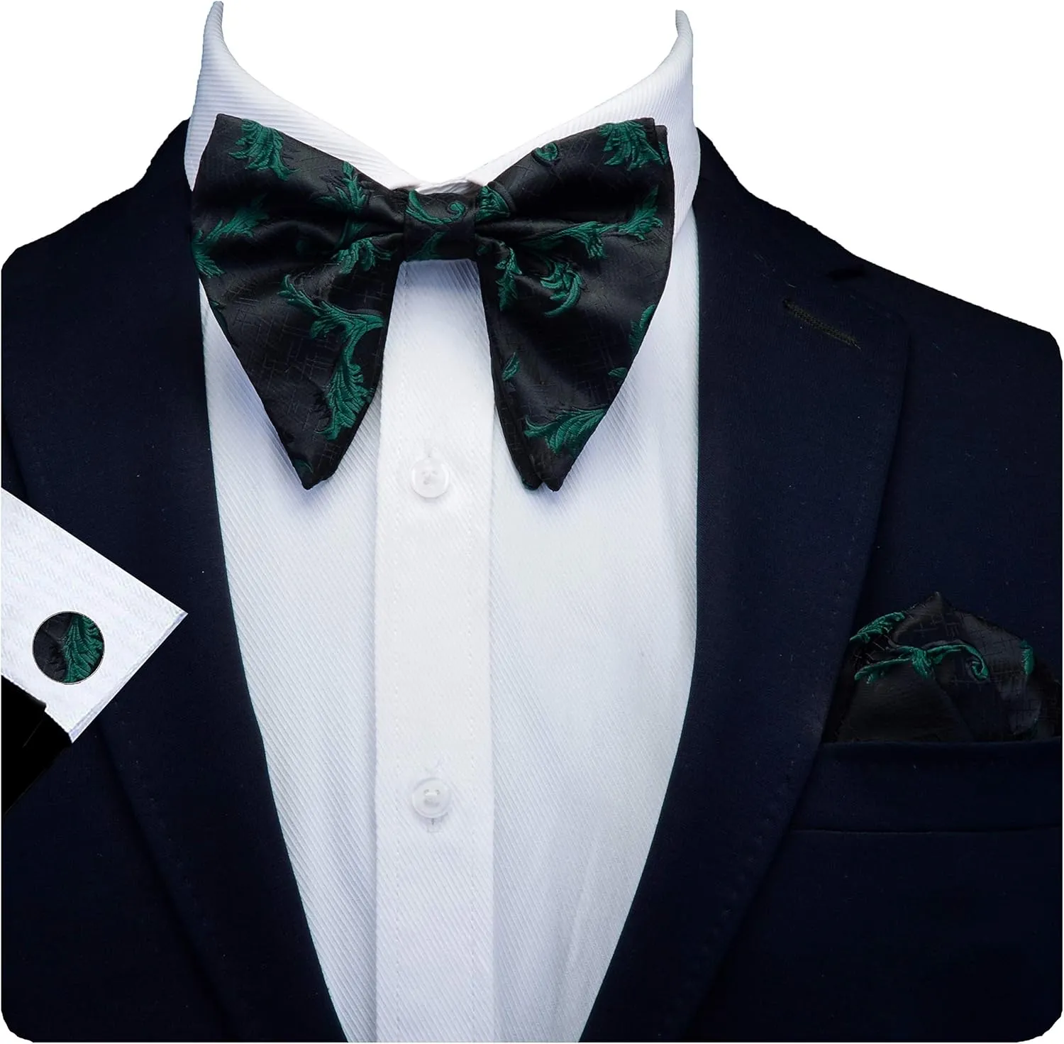GUSLESON Fashion Floral Adjustable Pre-tied Big Bow Tie and Pocket Square Cufflink Set with Box
