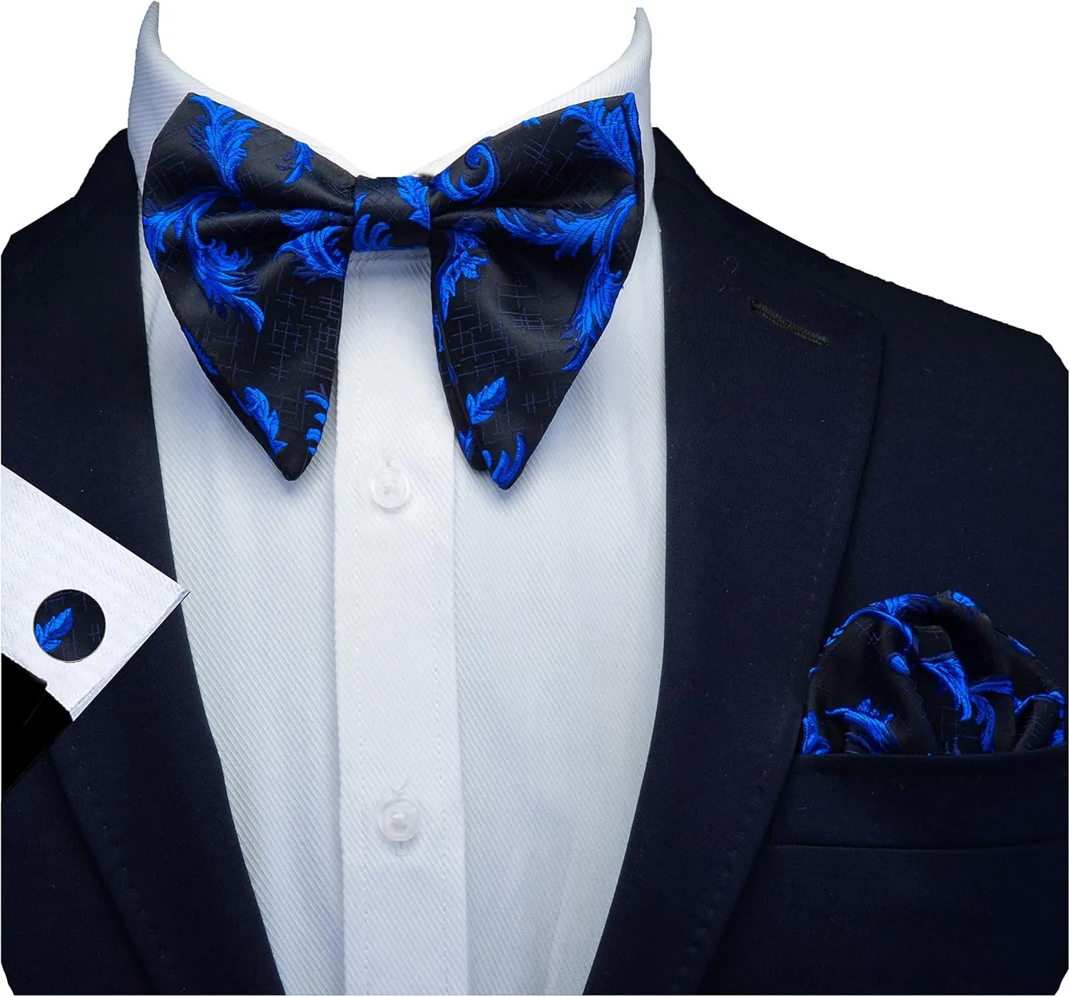 GUSLESON Fashion Floral Adjustable Pre-tied Big Bow Tie and Pocket Square Cufflink Set with Box