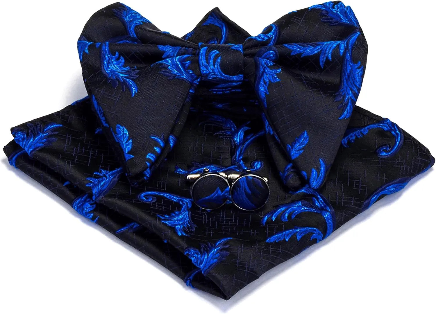 GUSLESON Fashion Floral Adjustable Pre-tied Big Bow Tie and Pocket Square Cufflink Set with Box