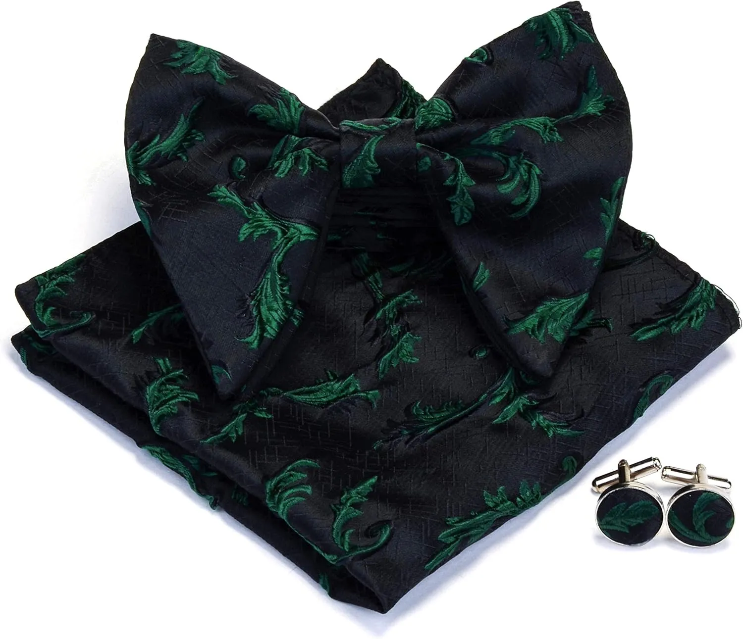 GUSLESON Fashion Floral Adjustable Pre-tied Big Bow Tie and Pocket Square Cufflink Set with Box
