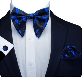 GUSLESON Fashion Floral Adjustable Pre-tied Big Bow Tie and Pocket Square Cufflink Set with Box