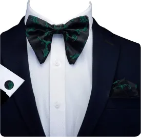 GUSLESON Fashion Floral Adjustable Pre-tied Big Bow Tie and Pocket Square Cufflink Set with Box