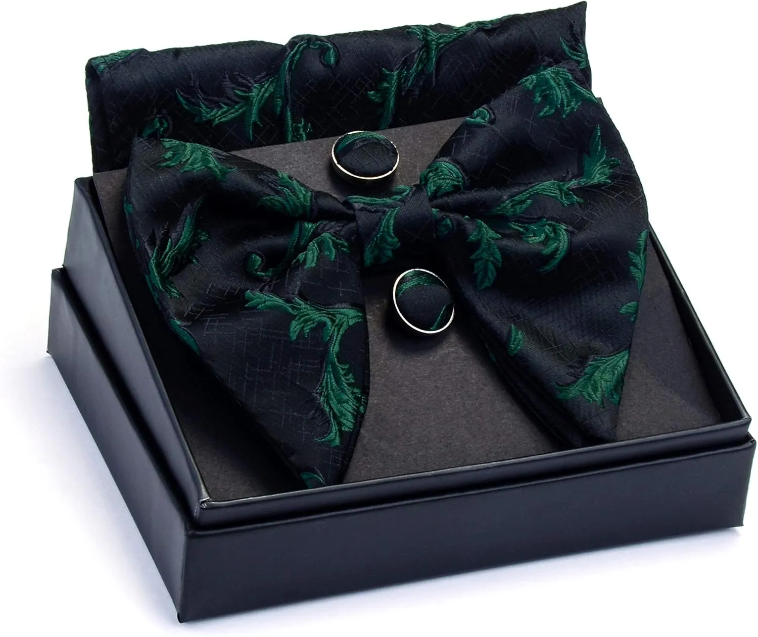GUSLESON Fashion Floral Adjustable Pre-tied Big Bow Tie and Pocket Square Cufflink Set with Box