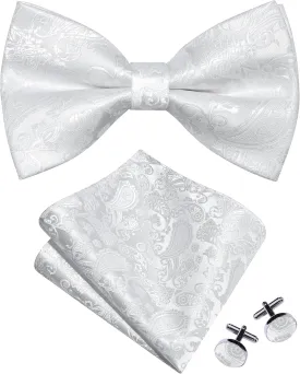 GUSLESON Mens Paisley Bow Tie Handkerchief Jacquard Woven Adjustable Pre-Tied Bowties Pocket Square Cufflinks Set