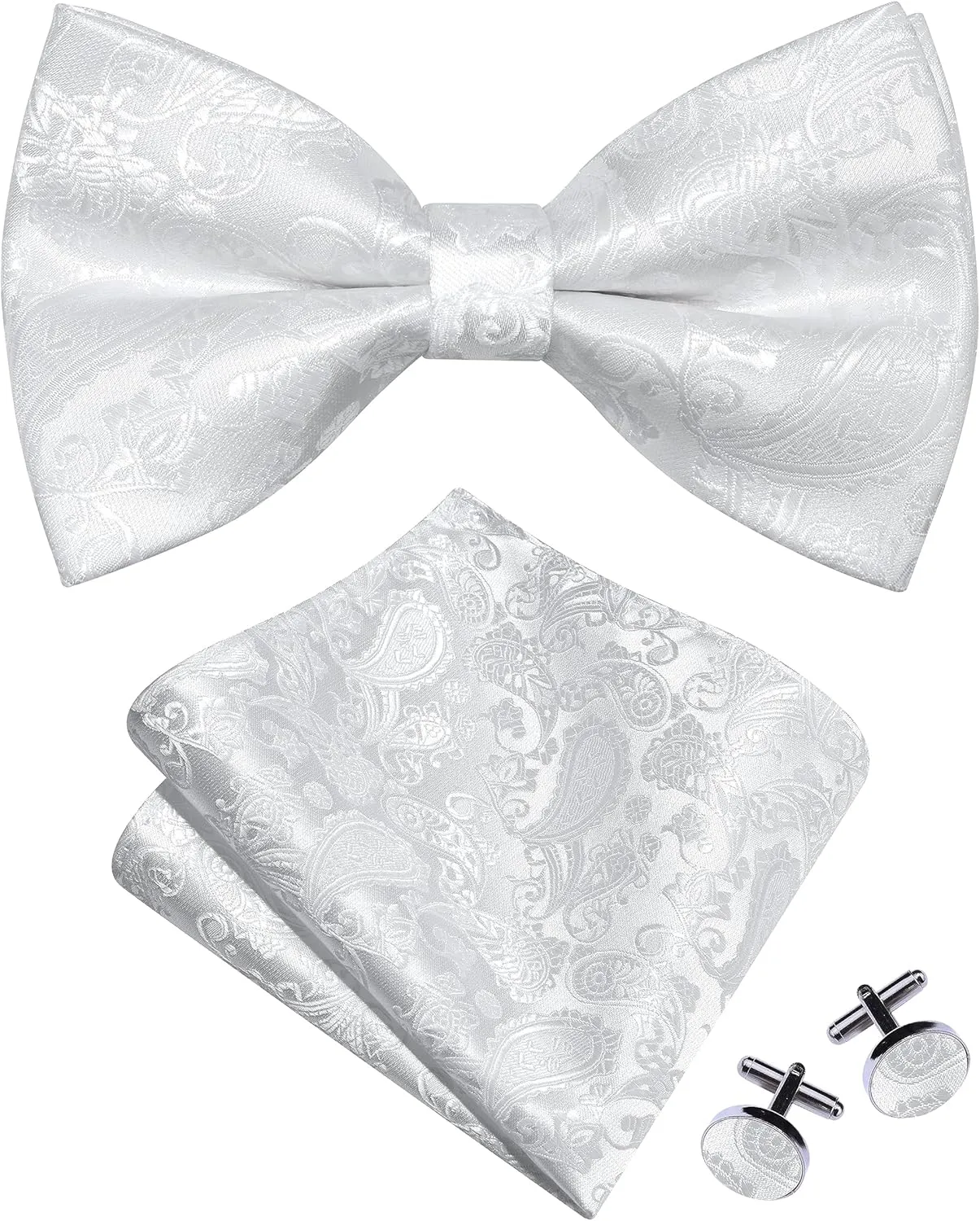 GUSLESON Mens Paisley Bow Tie Handkerchief Jacquard Woven Adjustable Pre-Tied Bowties Pocket Square Cufflinks Set