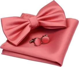 GUSLESON Mens Solid Color Double Fold Pre-tied Bow Tie and Pocket Square Cufflink Set with Gift Box
