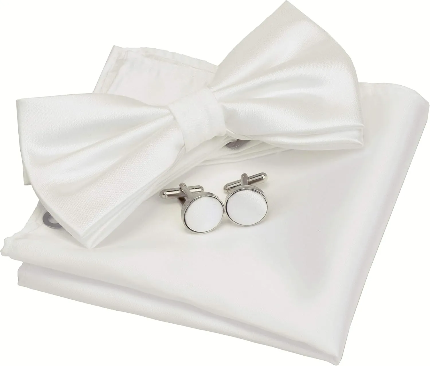 GUSLESON Mens Solid Color Double Fold Pre-tied Bow Tie and Pocket Square Cufflink Set with Gift Box