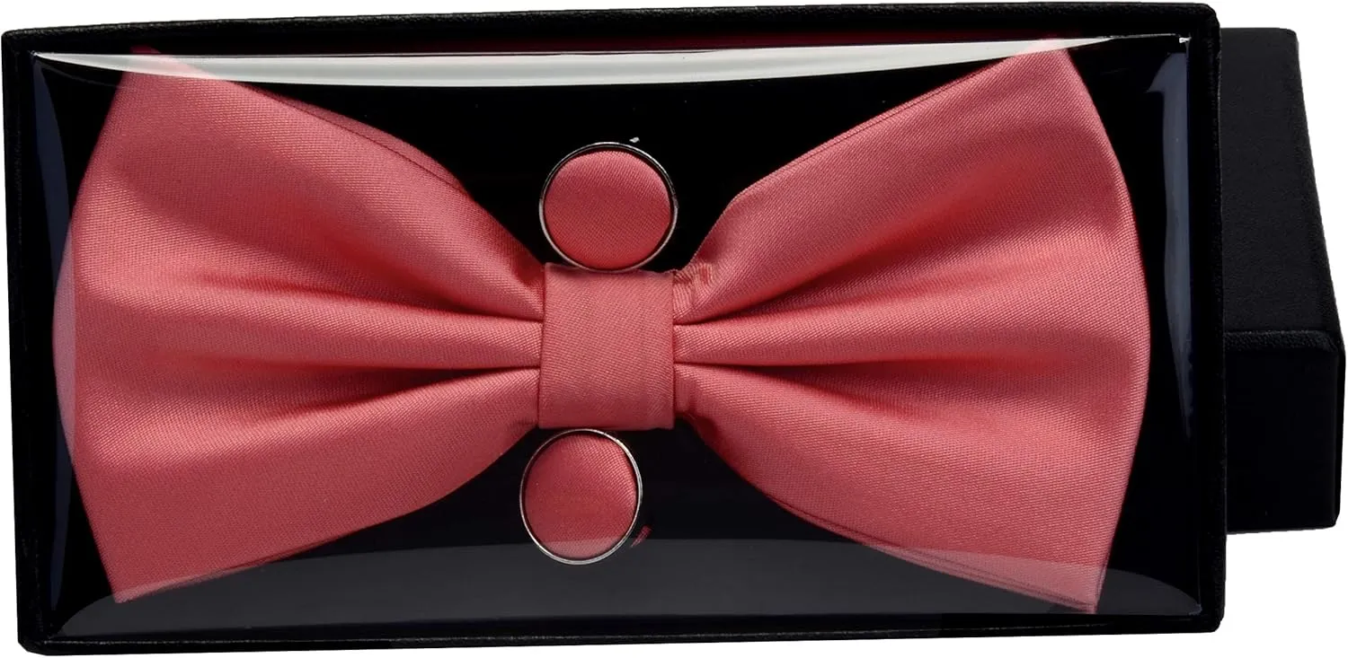 GUSLESON Mens Solid Color Double Fold Pre-tied Bow Tie and Pocket Square Cufflink Set with Gift Box