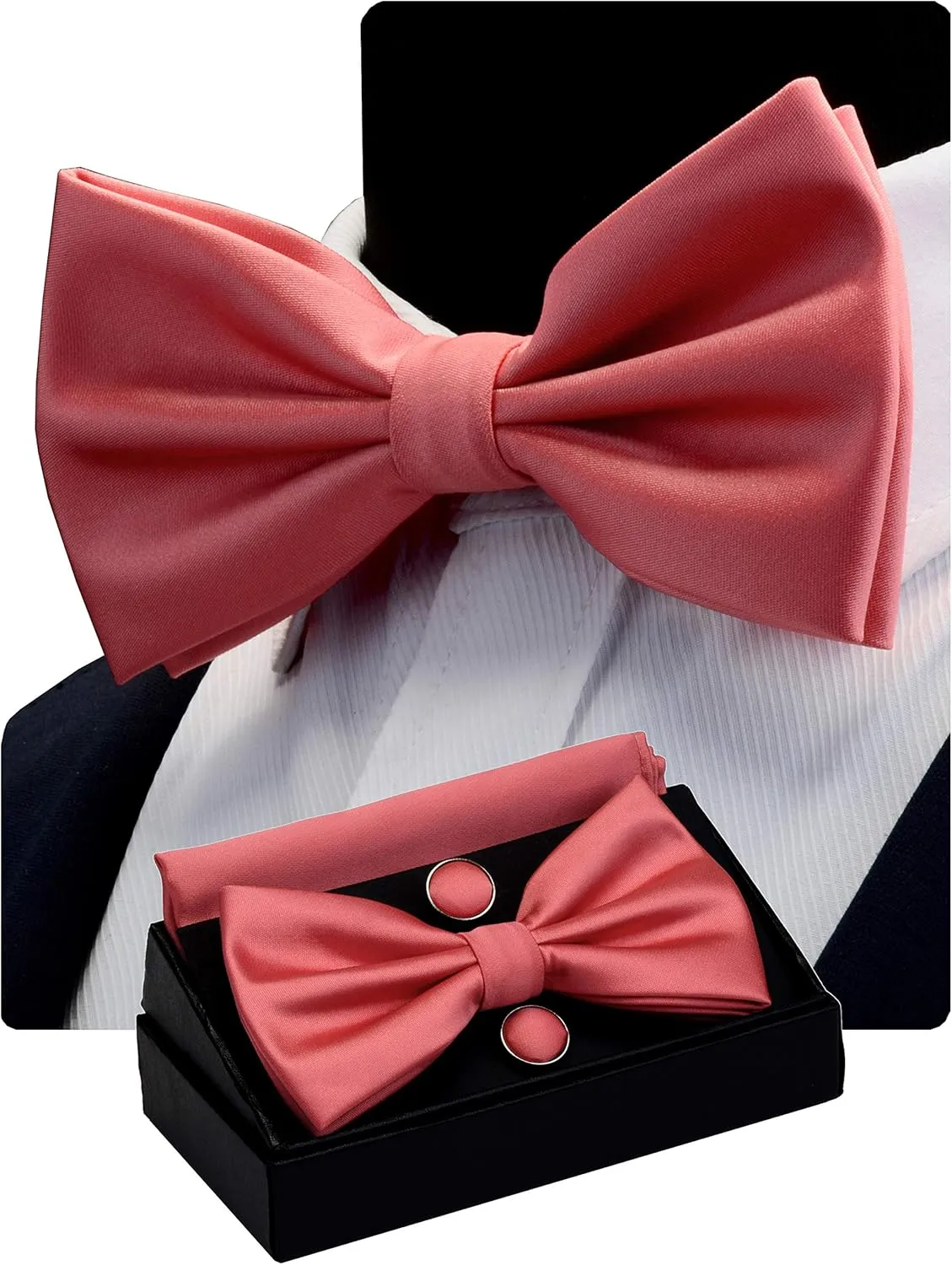 GUSLESON Mens Solid Color Double Fold Pre-tied Bow Tie and Pocket Square Cufflink Set with Gift Box