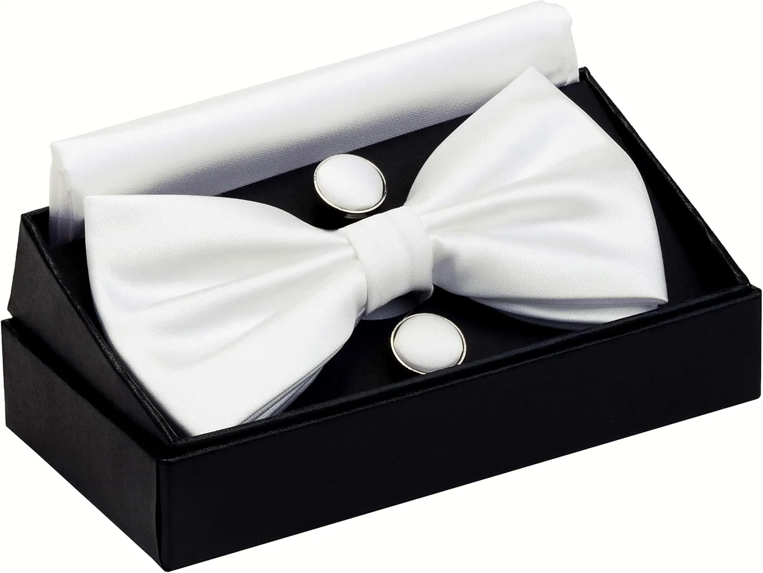 GUSLESON Mens Solid Color Double Fold Pre-tied Bow Tie and Pocket Square Cufflink Set with Gift Box
