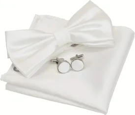 GUSLESON Mens Solid Color Double Fold Pre-tied Bow Tie and Pocket Square Cufflink Set with Gift Box