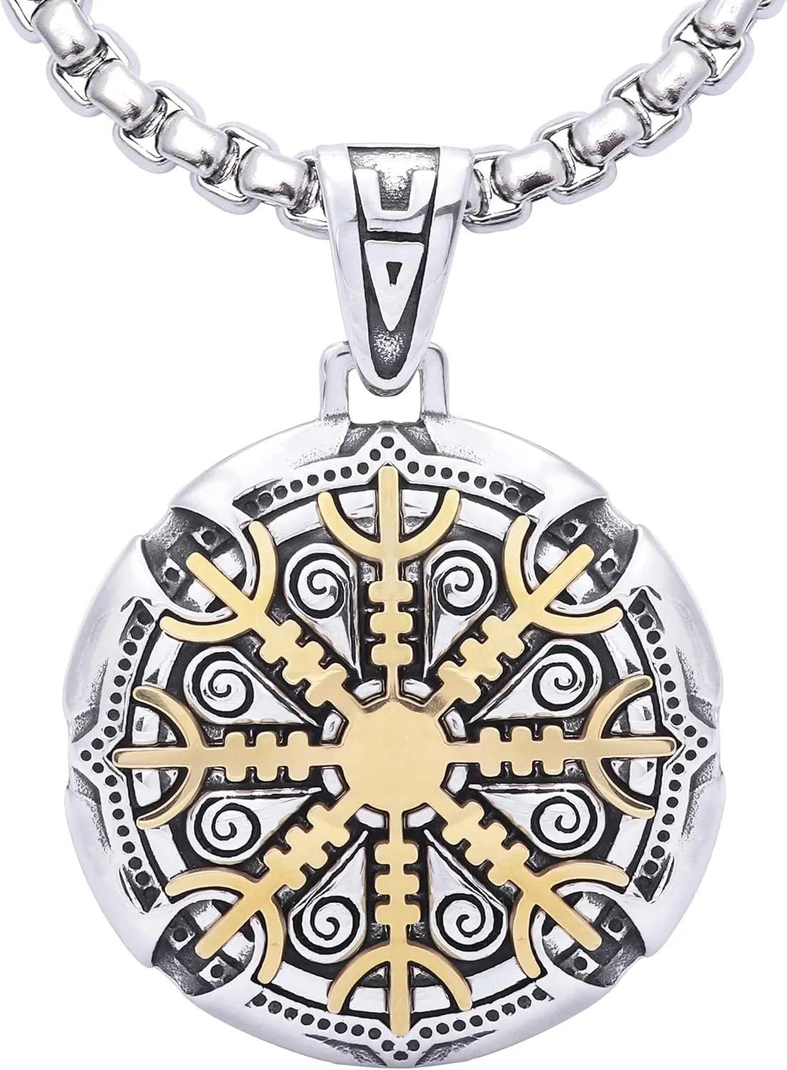 HAQUIL Viking Helm of Awe Necklace - Stainless Steel, Aegishjalmr Medallion Pendant - Box Chain