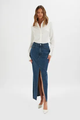 HARPER Crystal Embellished Denim Maxi Skirt in Dark Blue