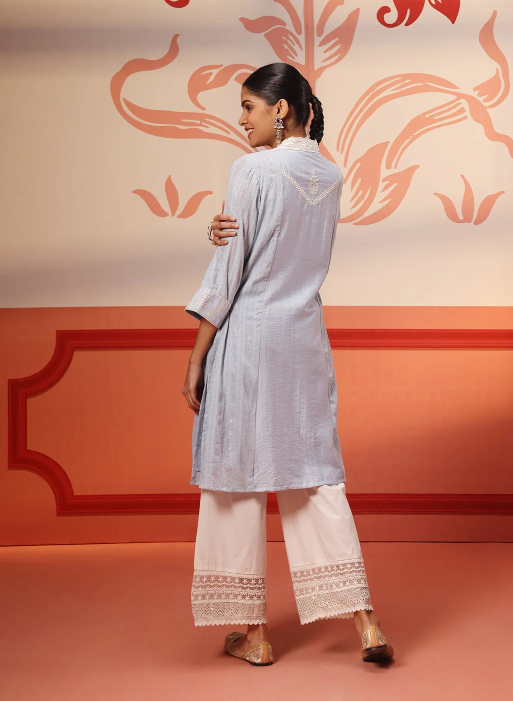 Hiba Light Blue Embroidered Cotton Linen Kurta for Women