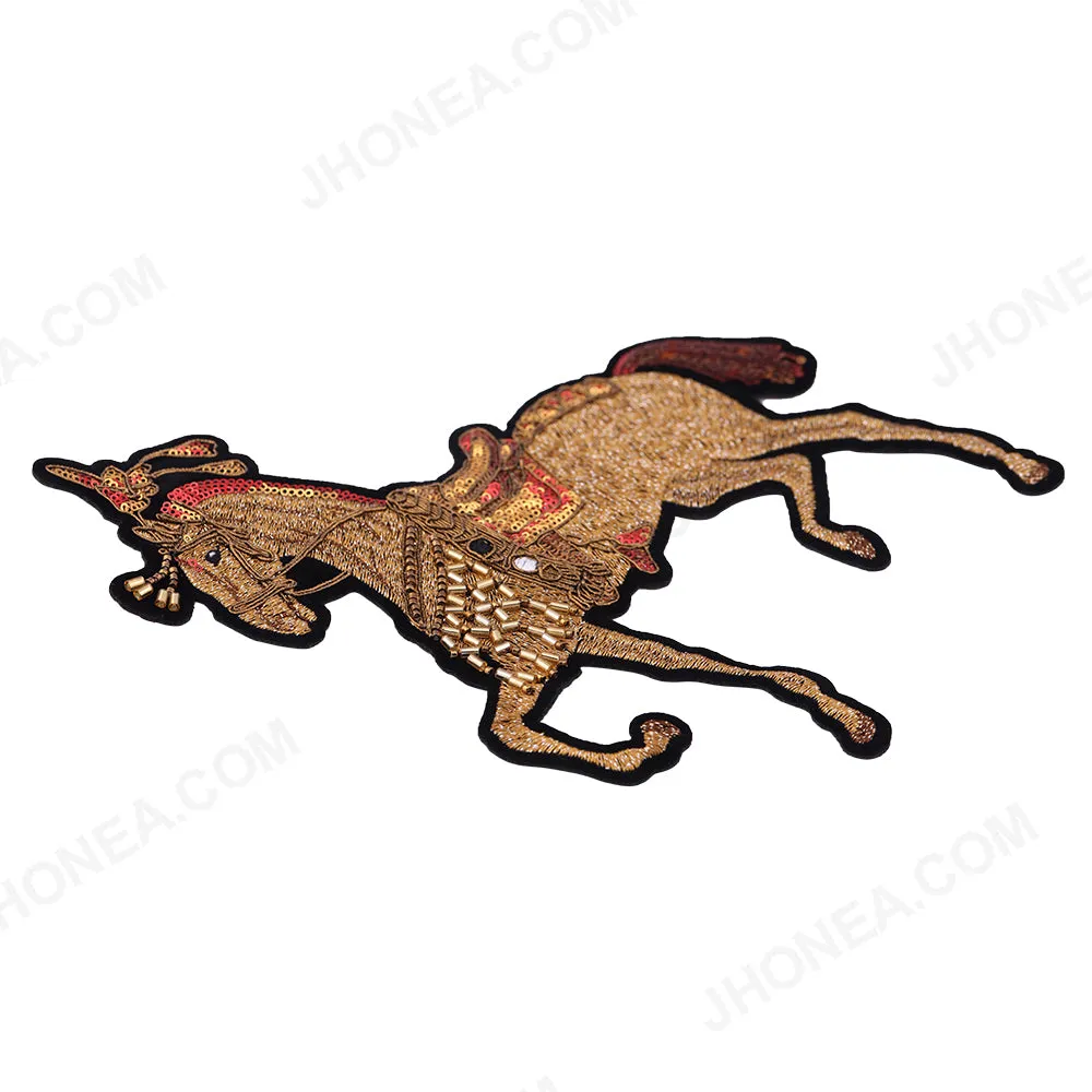 Intricate Golden Beaded Embroidery Horse Patch for Ethnic Wear