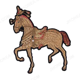Intricate Golden Beaded Embroidery Horse Patch for Ethnic Wear
