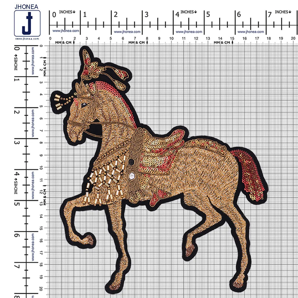 Intricate Golden Beaded Embroidery Horse Patch for Ethnic Wear