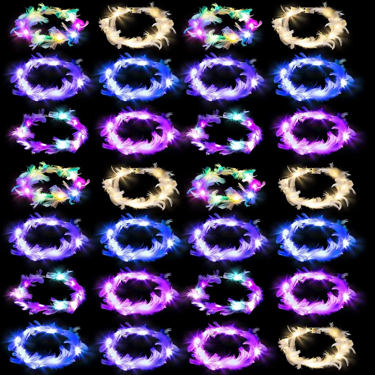 Janinka 28 Pcs Feather Crown Headband - 6 Styles LED Light Up Hair Accessories with 3 Light Modes for Women Girls Wedding Festival Party