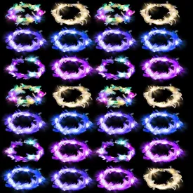 Janinka 28 Pcs Feather Crown Headband - 6 Styles LED Light Up Hair Accessories with 3 Light Modes for Women Girls Wedding Festival Party