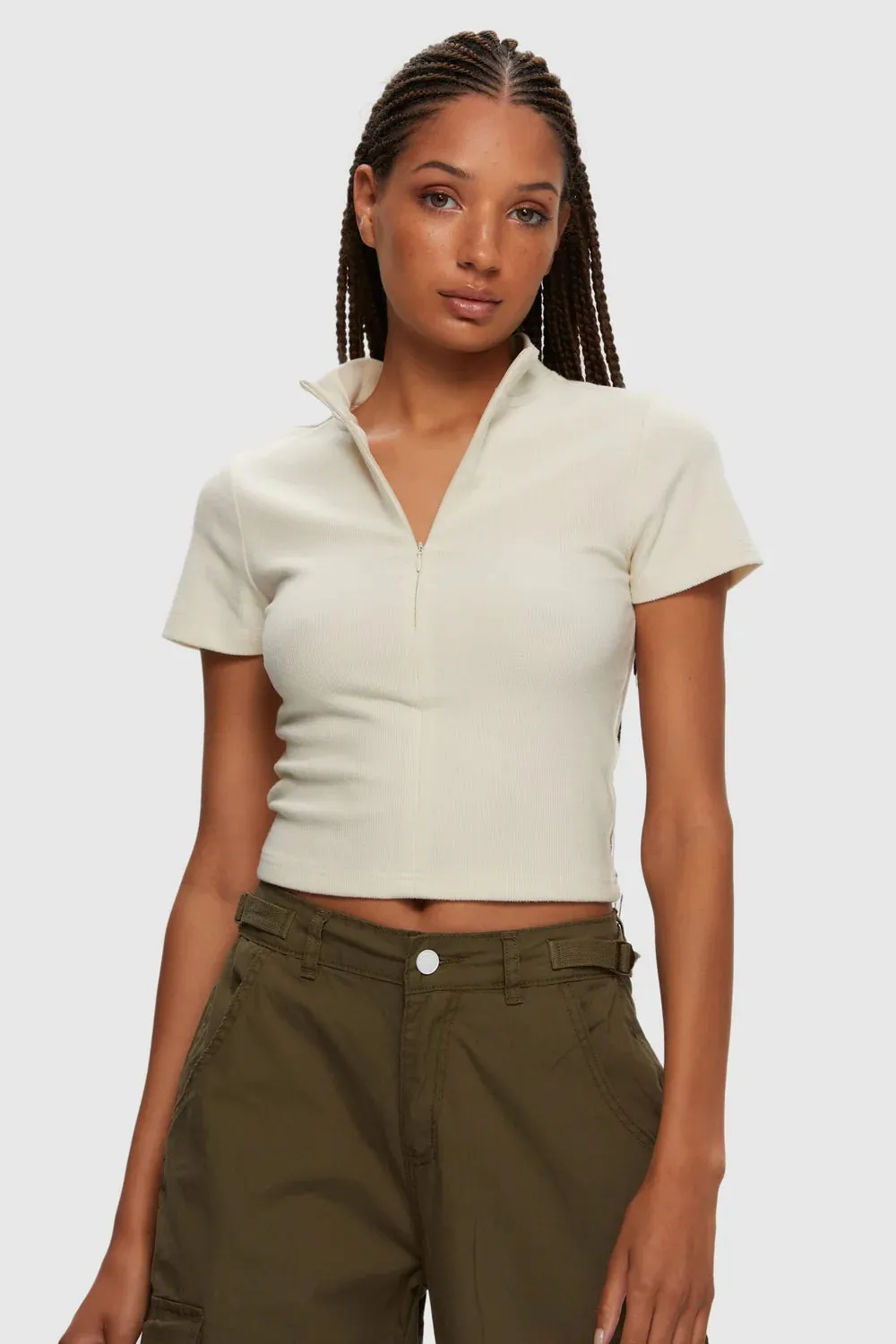 Kuwalla Cropped Mock Neck Tee (Birch)