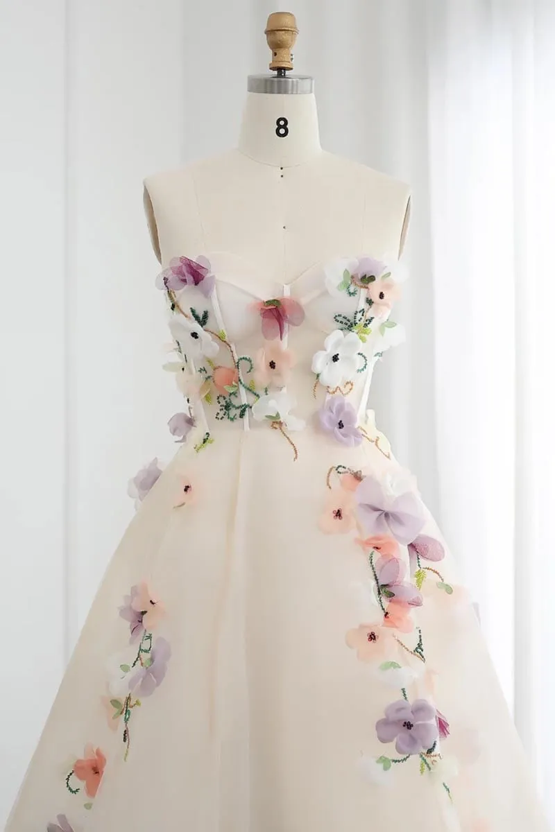 Maraya 3D Floral Applique Strapless Maxi Dress
