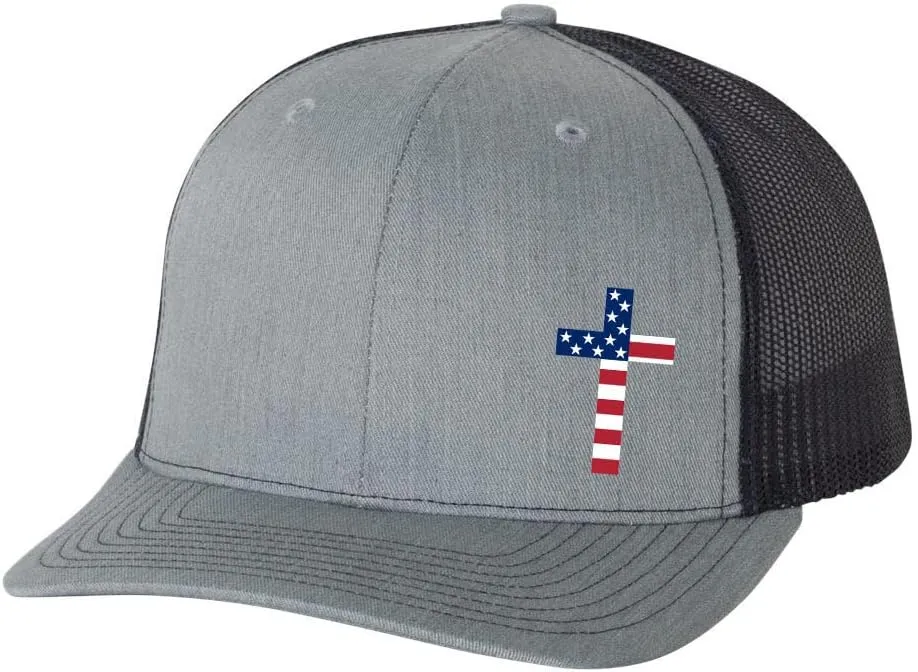Men's Christian American Flag Filled Cross Jesus Patriotic Embroidered Mesh Back Trucker Hat