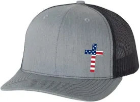 Men's Christian American Flag Filled Cross Jesus Patriotic Embroidered Mesh Back Trucker Hat