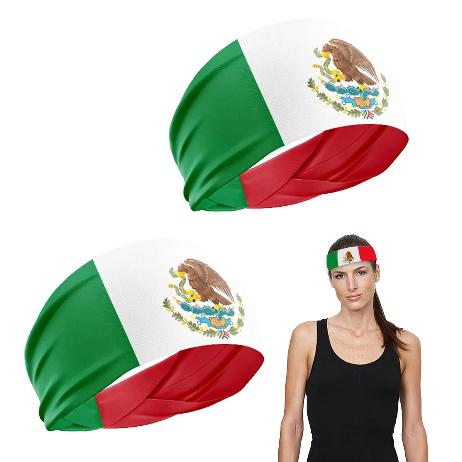 Mexican Flag Headband, 2 Pack, Red, White, Green, One Size Fits Most, 6*106cm, Men, Women, Sports Enthusiasts, Unisex Adults, Soft Polyester, Perfect for Sports, Workouts, and Events