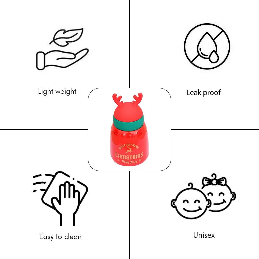 Mini Belly Red Antler Stainless Steel Sleek Christmas Water Bottle for Kids, 300ML